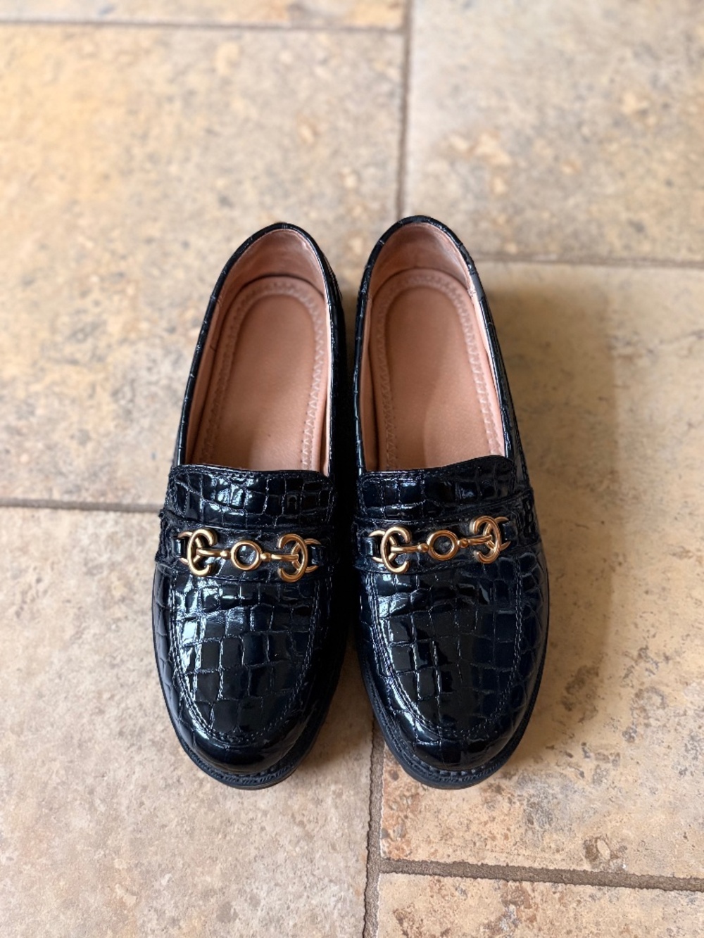 SAM EDELMAN Black Patent Leather Gold Buckle Lug Platform Loafers 8M